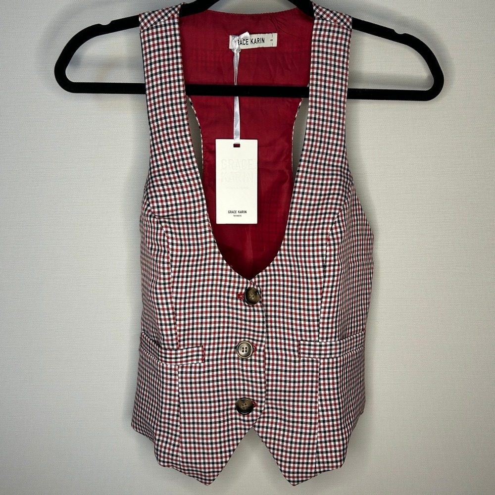 Grace Karin Houndstooth Vest Sleeveless Blazer Red Black White Women Small NWT